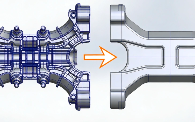 Side-by-side CAD views comparing a detailed component design with simplified geometry, connected by an orange arrow