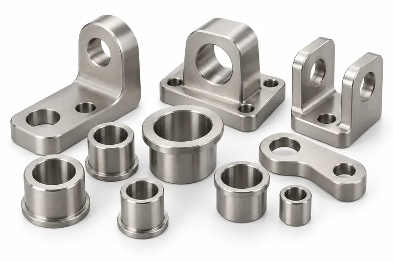 Tumbled stainless bushings and brackets with softened edges and satin surfaces