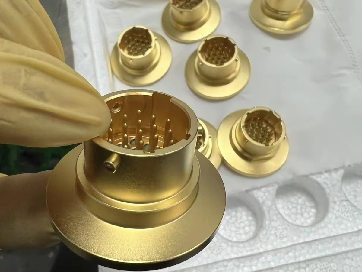 Gold-colored connector housings with flanges and contact pins
