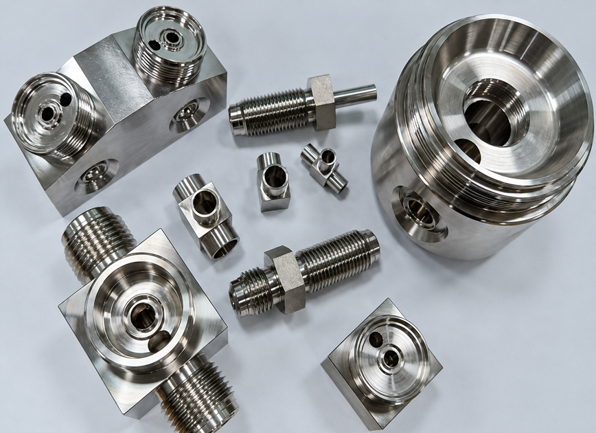Machined metal components with threaded cylindrical features, flat faces and cross-holes