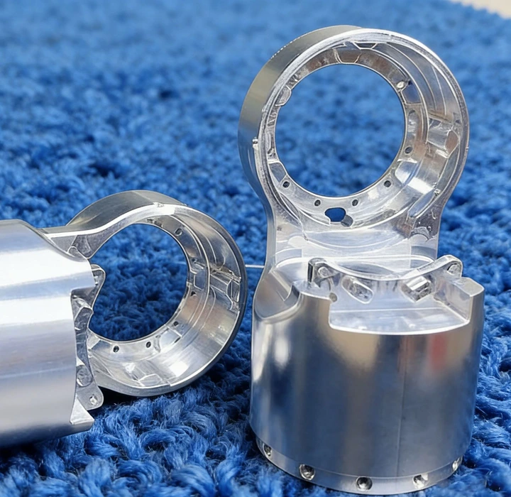 Machined thin-wall metal housings with circular bores, milled openings and drilled flange holes on blue fabric