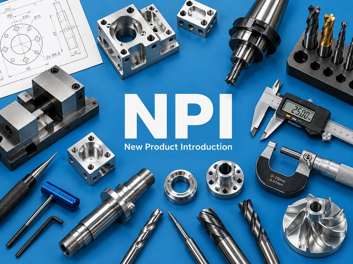 NPI New Product Introduction graphic with machined components, an engineering drawing, cutting tools and measuring instruments on a blue background