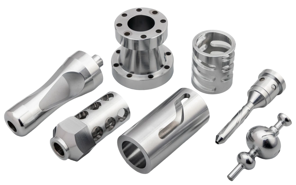 Assorted turned metal parts with flanges, bores, slots, cross-holes and stepped profiles